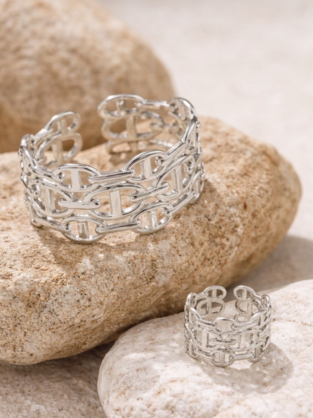 Silver Mariner Pignose Link Chain Open Cuff Bangle Ring Bracelet Set - Picture 1 of 8